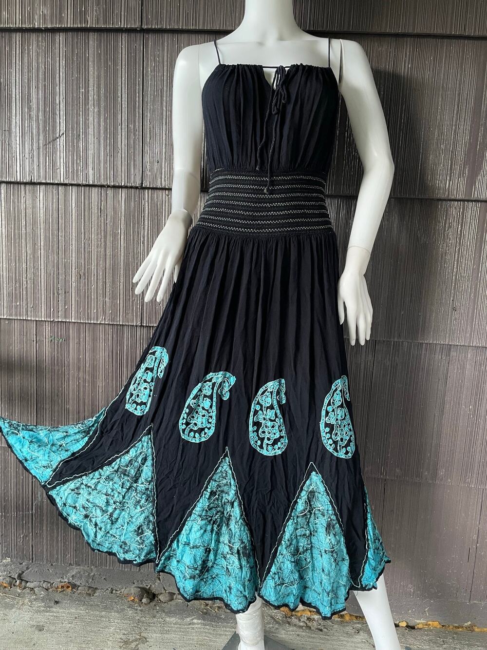 India Boutique Smocked Waist Teal paisley Embroidered Midi Dress Boho Hippie OS